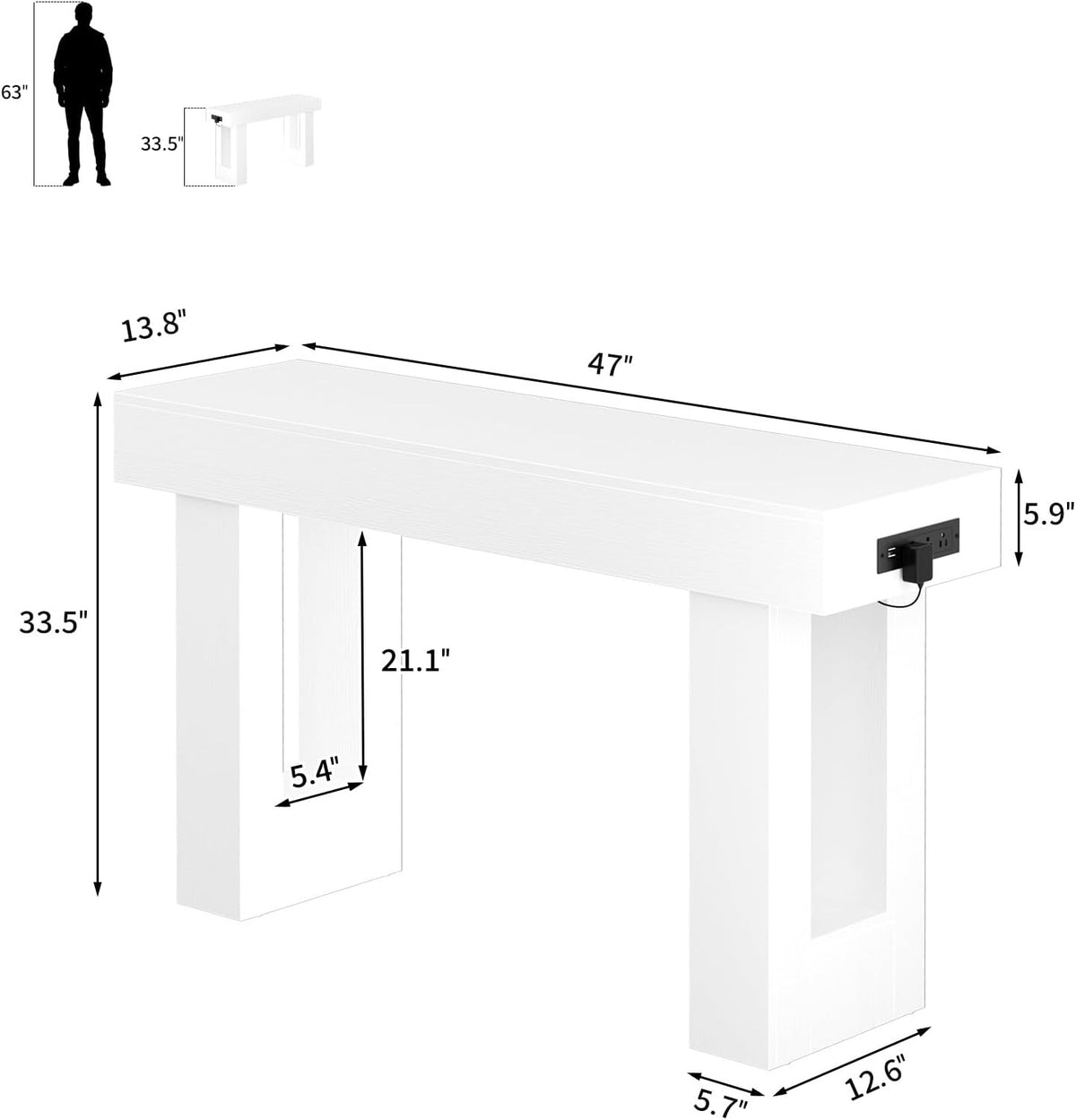 Unikito 47" Entryway Table with Sensor Light and Outlets, Pure White