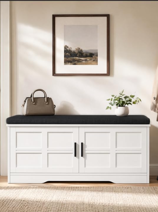 Akxomel 47.2" Shoe Storage Bench 4 Doors Wooden Entryway Bench White