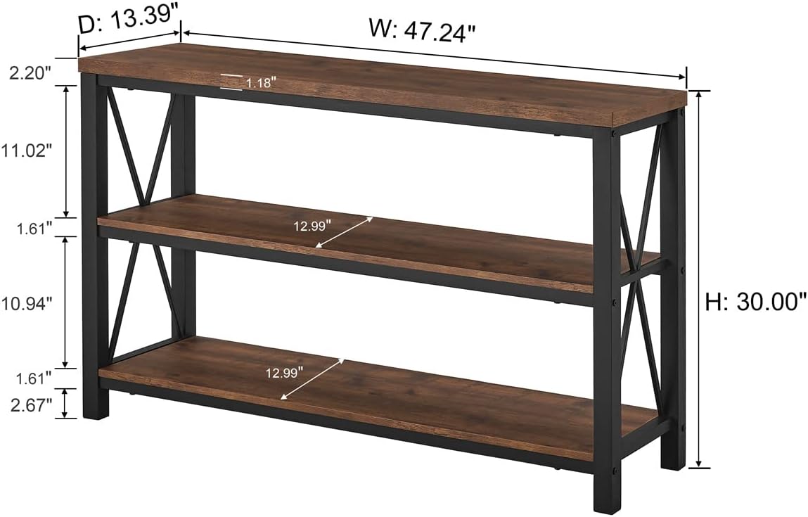BON AUGURE 47” Narrow Console Table, 3 Tier Sofa Table Behind Couch, Rustic