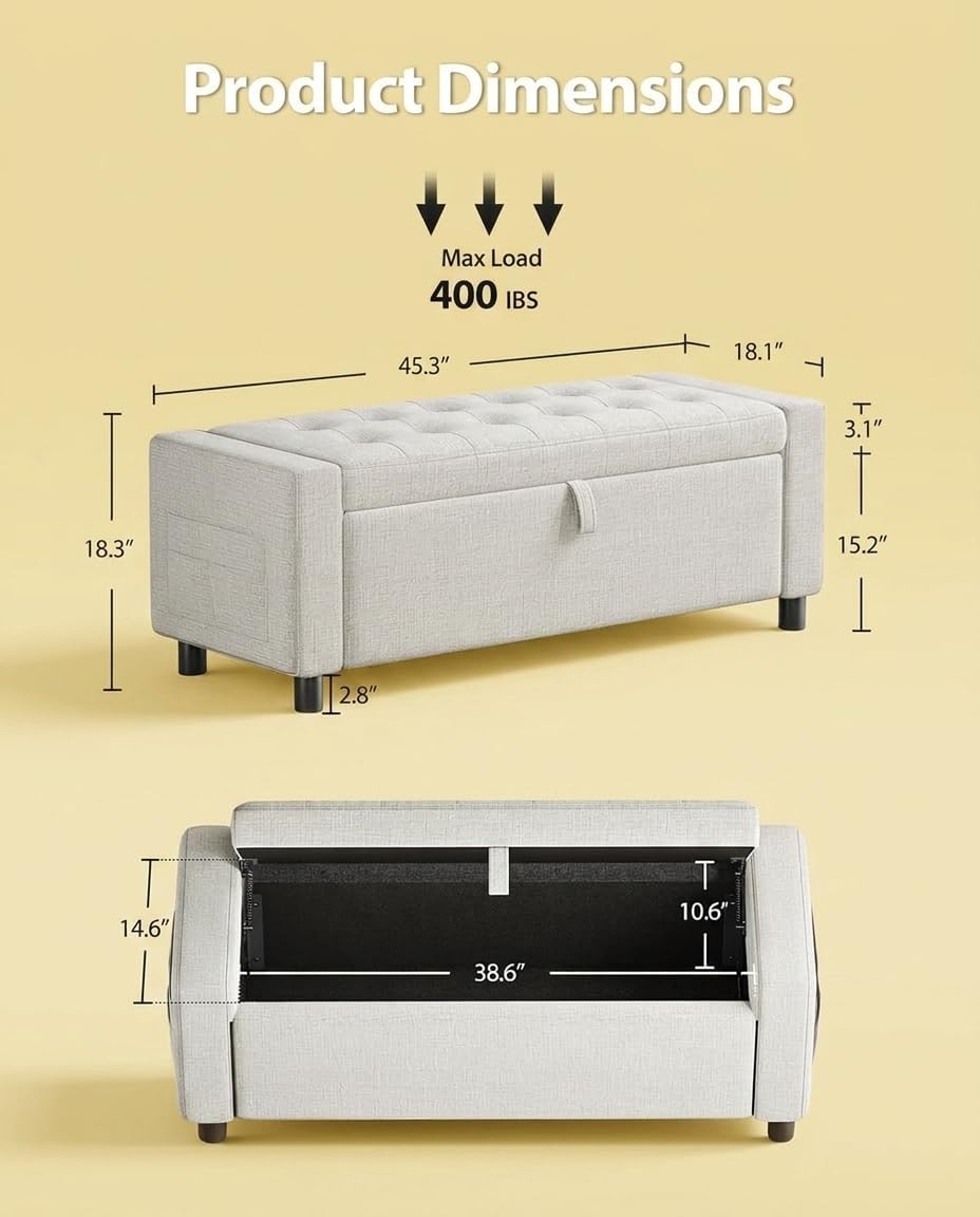 Amada 46" Storage Ottoman Bench w/Side Pocket & Safety Hinge, White