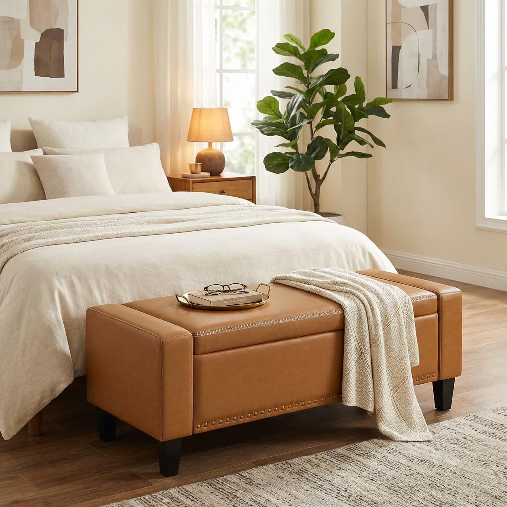 AKMAKM 49''W Storage Ottoman Bench, 30 Gallons End of Bed Bench, Faux Leather, Mid Century Modern, Upholstered Bench with Storage and Seat for Entryway, Living Room, Holds up to 350 lb, Green