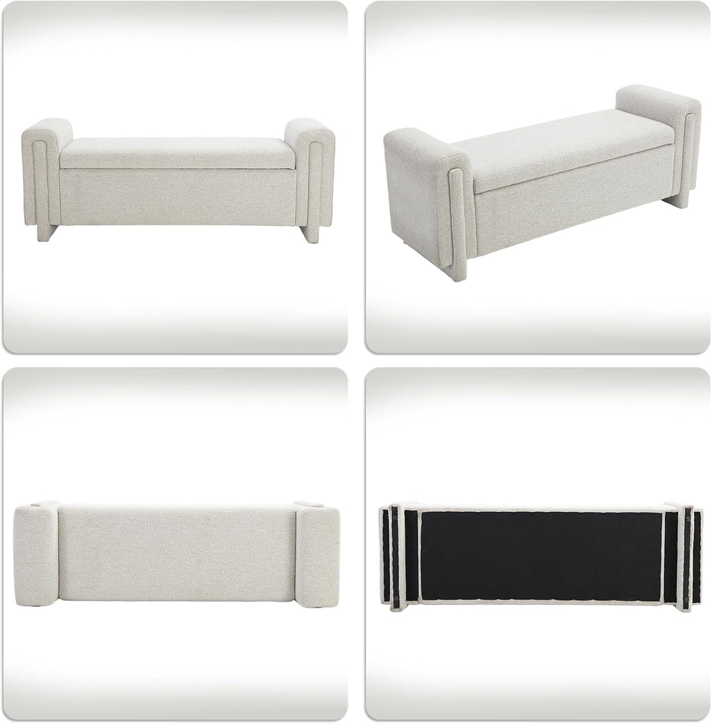 CIMOTA Modern Storage Ottoman Bench, 58” Large Upholstered Storage Bench with Armrests, Boucle Fabric Bedroom End of Bed Bench-Comfy Padded Footstool for Living Room, Entryway, White