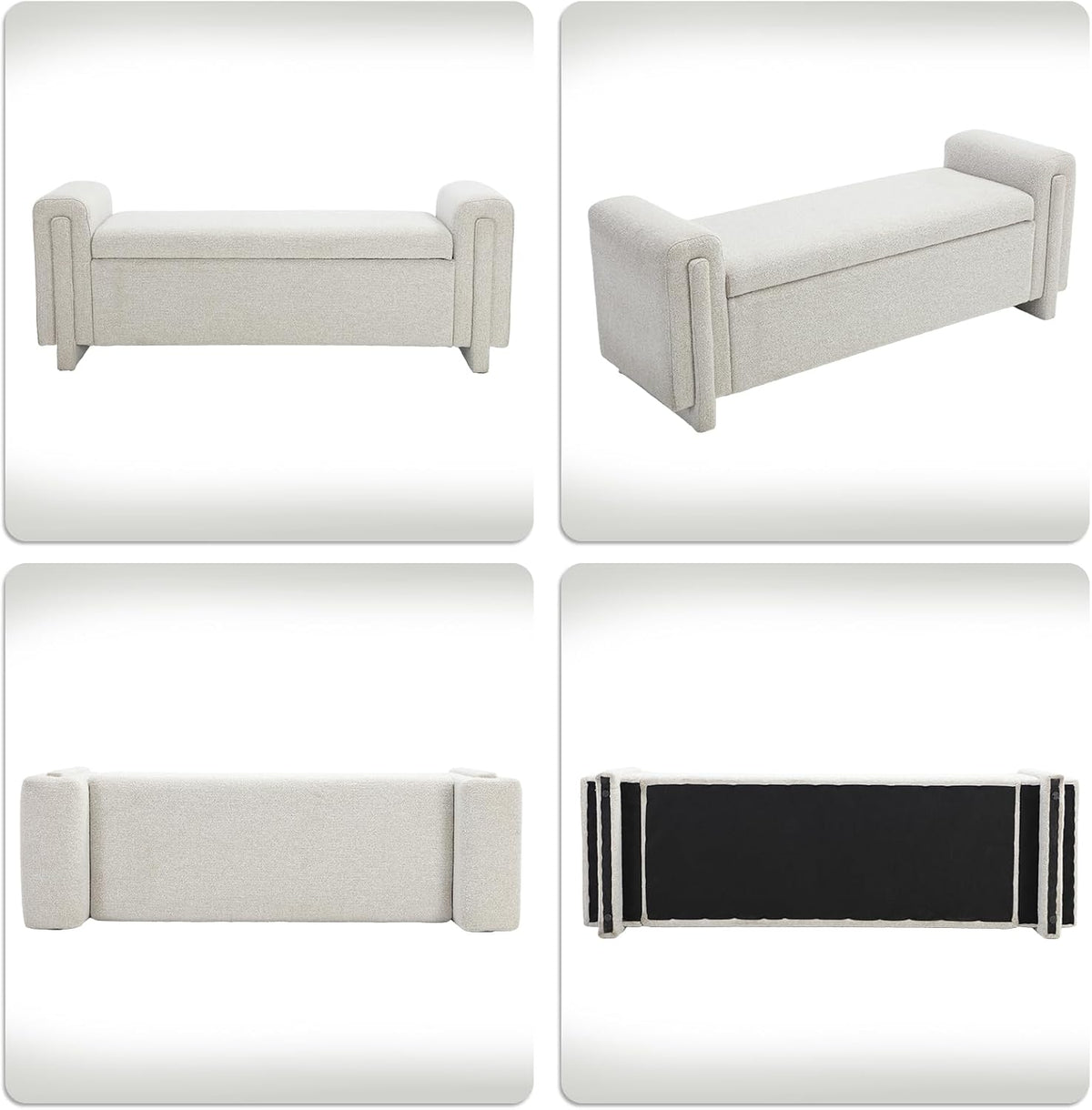 CIMOTA Modern Storage Ottoman Bench, 58” Large Upholstered Storage Bench with Armrests, Boucle Fabric Bedroom End of Bed Bench-Comfy Padded Footstool for Living Room, Entryway, White