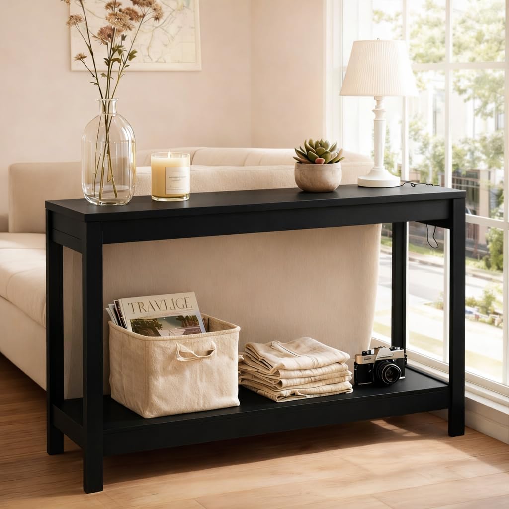 47" Entryway Table, Narrow Console Sofa Table, with Outlets and USB-C Port, Entryway Table with Open Storage, for Living Room, Hallway, Entryway, Foyer, Kitchen Counter, Black