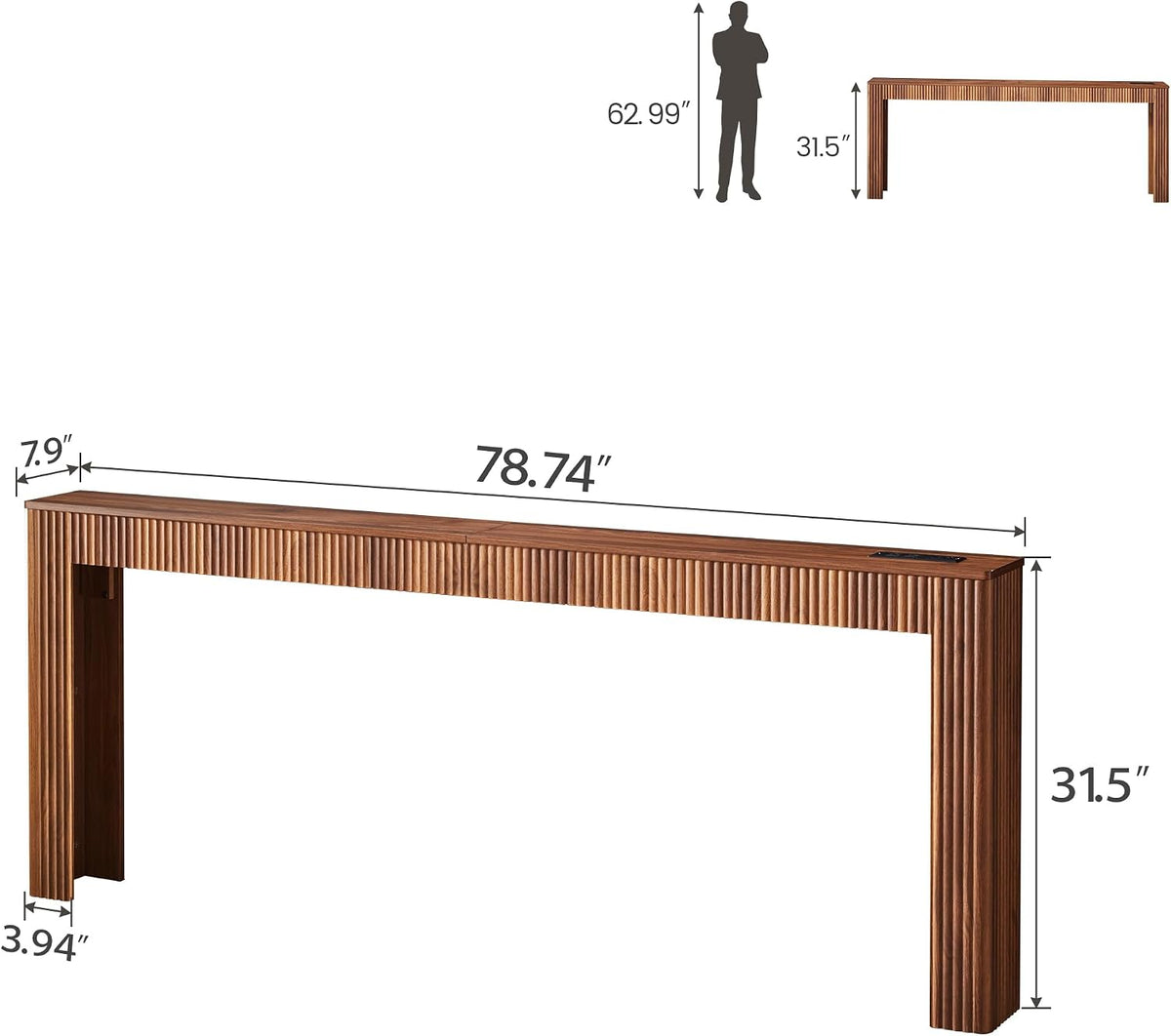 79" Long Narrow Sofa Table Behind Couch with Charging Station,Walnut