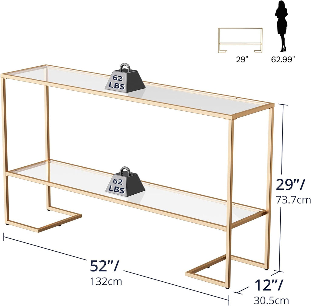 Cozy Castle 52" Entryway Table, 2-Tier Narrow Console Table with Tempered Glass & Sturdy Metal Frame, Modern Sofa Table with Storage Shelves for Entryway, Hallway, Foyer, Living Room, Gold