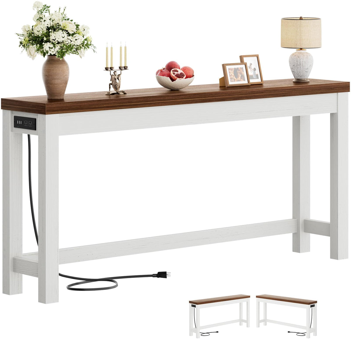 Cyclysio 63" Console Table with 2 AC Outlets & 3 USB Ports, Natural Oak