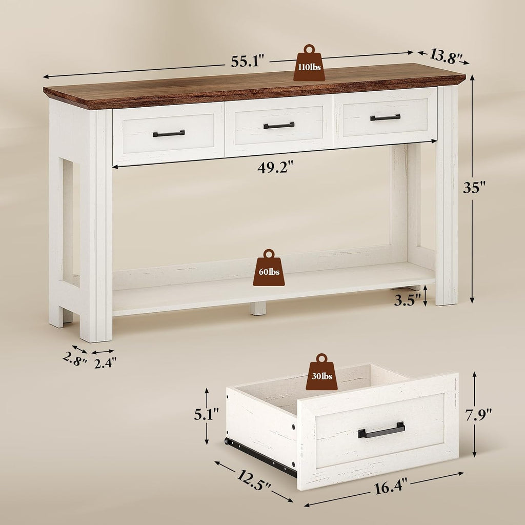 55" Farmhouse Console Table with 3 Drawers, Rustic Entryway Table