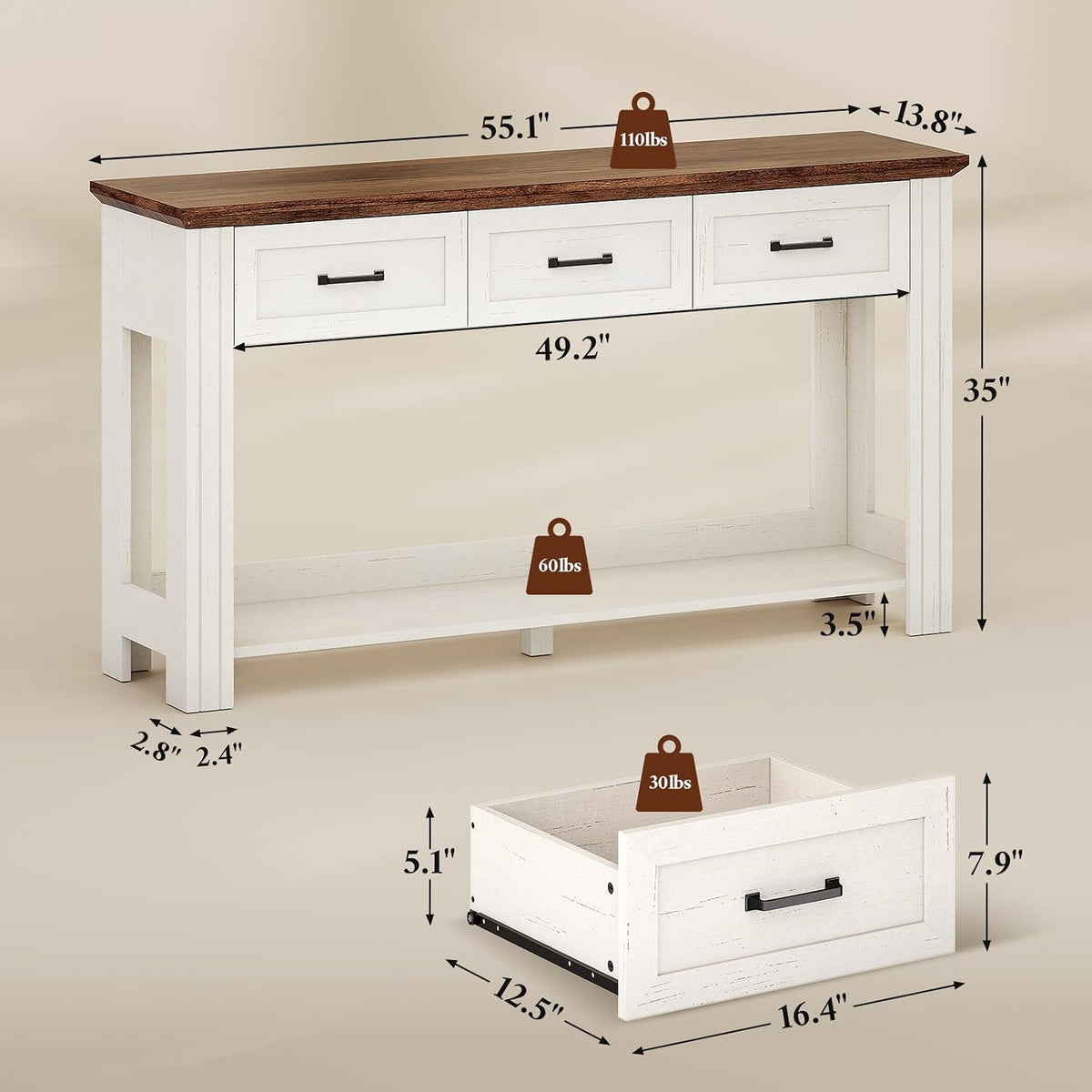 55" Farmhouse Console Table with 3 Drawers, Rustic Entryway Table