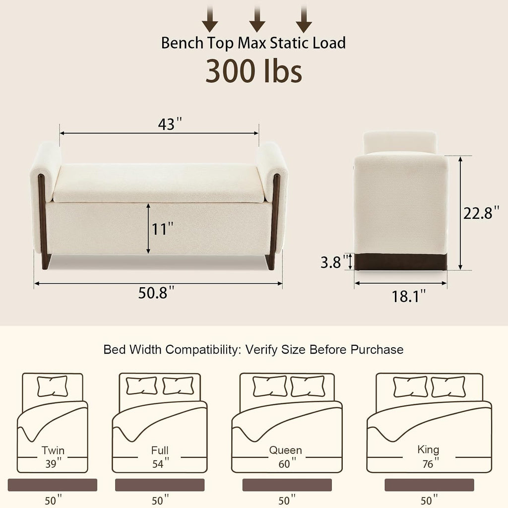 50.8 inch Storage Ottoman Bench with Armrests, Hidden Storage, Beige