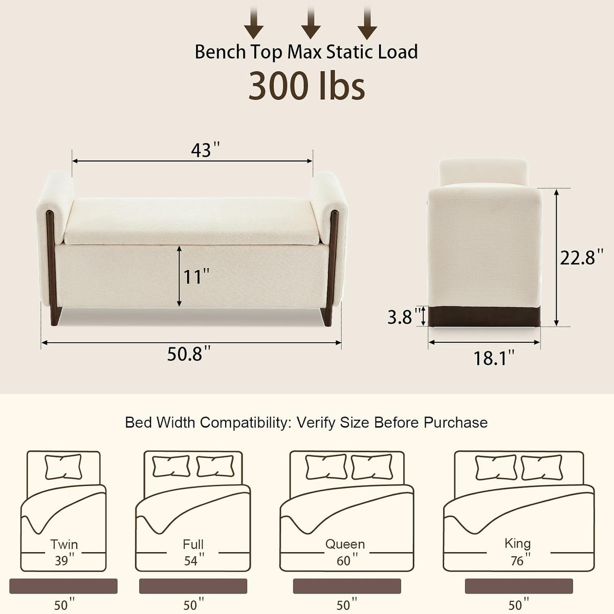 50.8 inch Storage Ottoman Bench with Armrests, Hidden Storage, Beige
