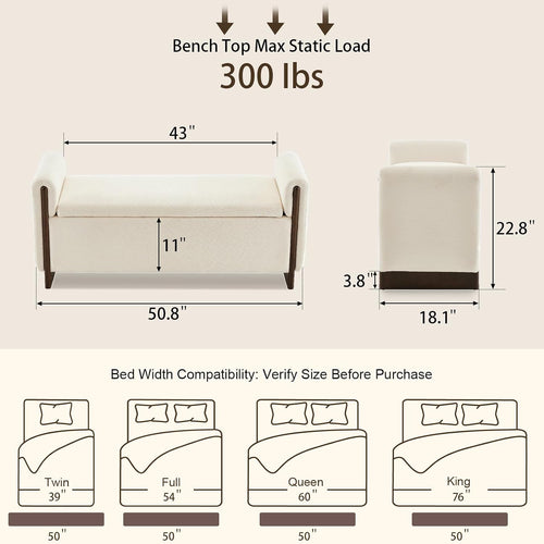50.8 inch Storage Ottoman Bench with Armrests, Hidden Storage, Beige