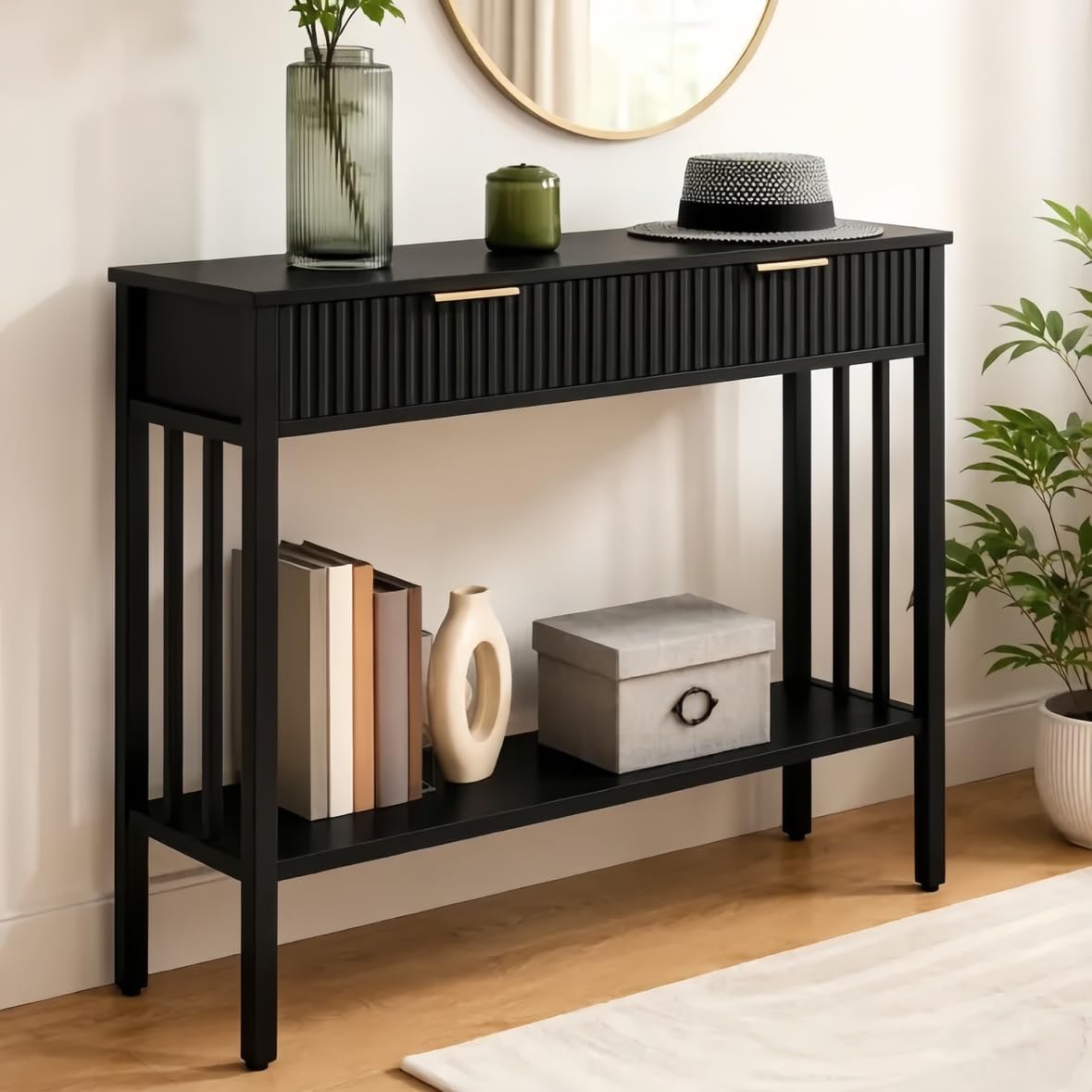 MAHANCRIS 39.4" Console Table with 2 Drawers, Fluted Black Entryway Table