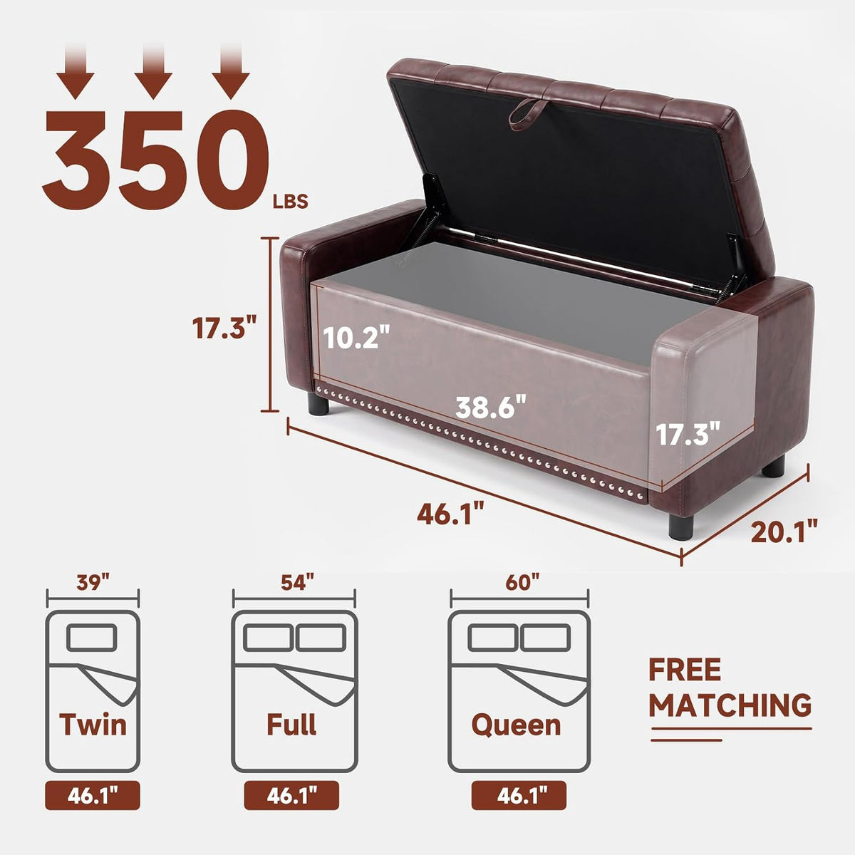46" Storage Ottoman Bench, 30 Gallon Faux Leather Storage Bench with Handles & Soft-Close Hinged Lid for Blanket and Pillow, Load 350 lbs, End of Bed Bench for Bedroom, Entryway & Living Room, Brown