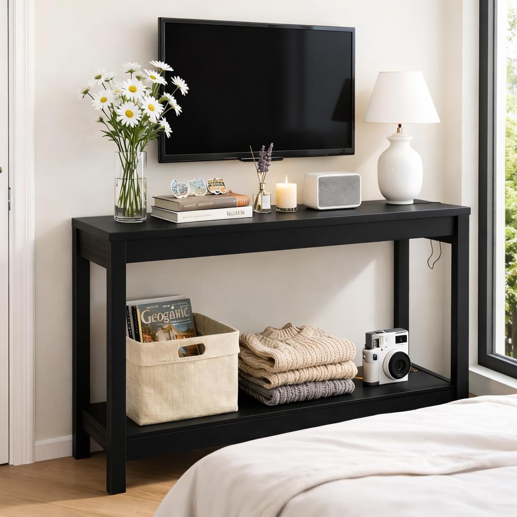 47" Entryway Table, Narrow Console Sofa Table, with Outlets and USB-C Port, Entryway Table with Open Storage, for Living Room, Hallway, Entryway, Foyer, Kitchen Counter, Black