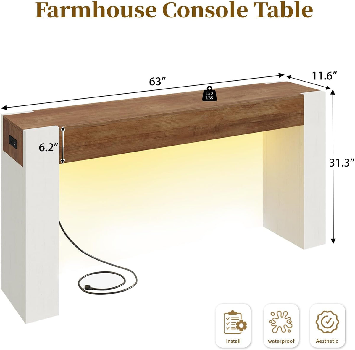 63-Inch Farmhouse Console Sofa Table with Power Outlets & LED Lights