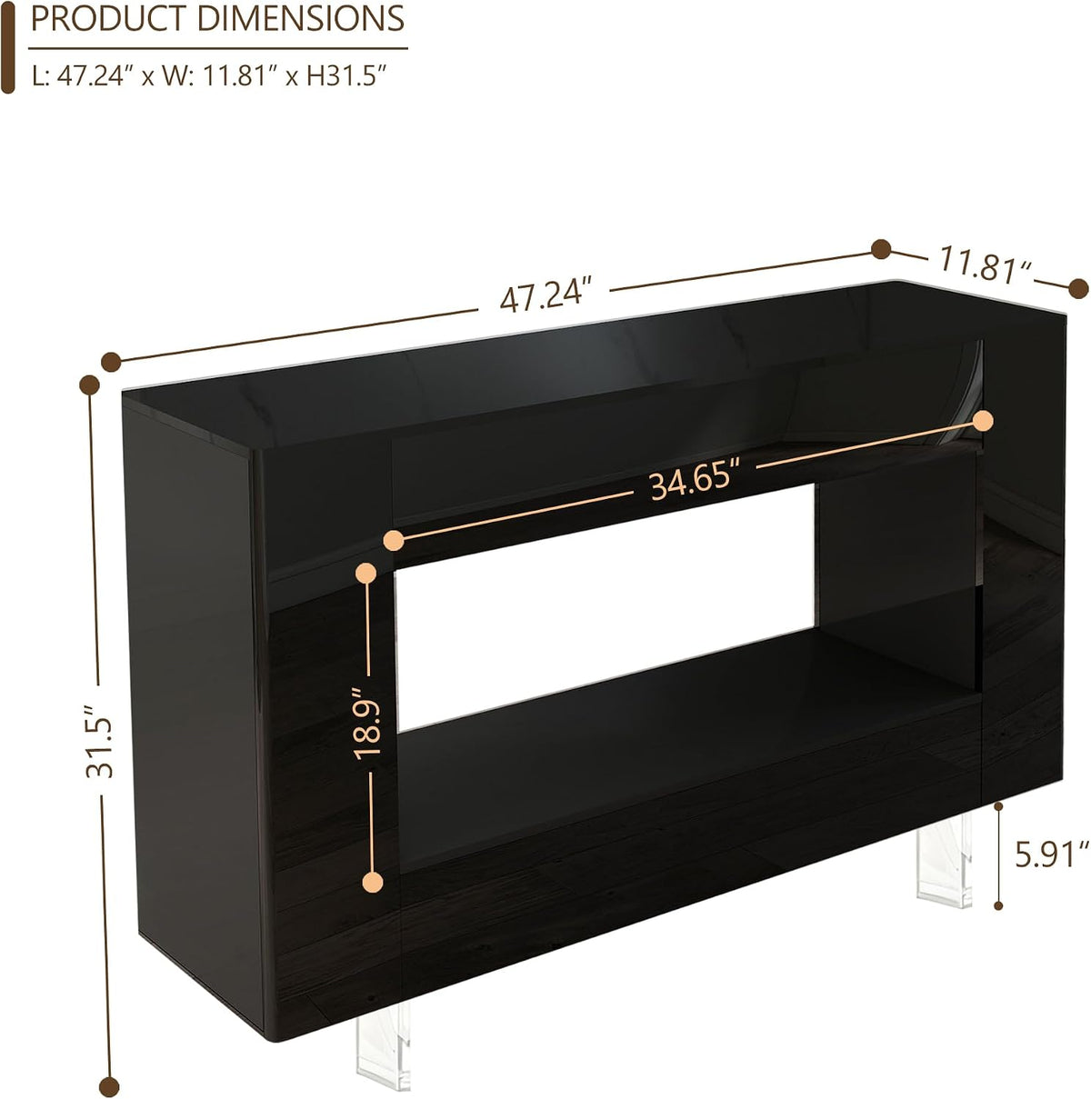 47" High Gloss Console Table with Hidden Side Storage, Black