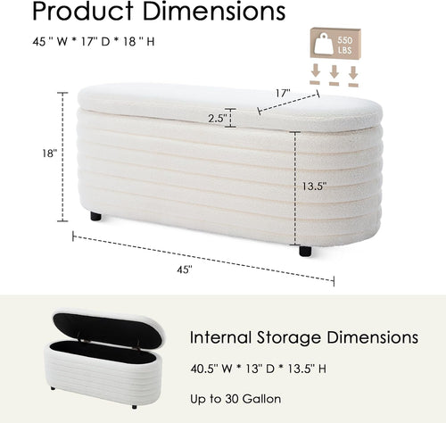 45.5" Storage Teddy Ottoman Bench Upholstered Fabric Bench Hidden Storage Chest with Slow-Close Safety Hinge for Bedroom, Living Room, Entryway, White