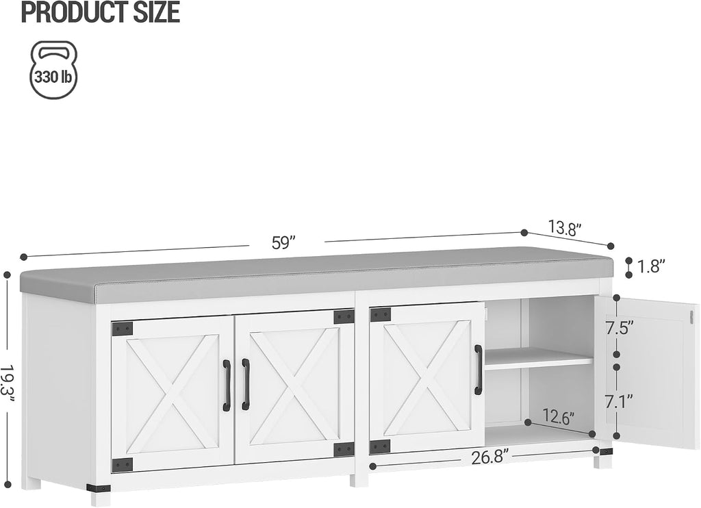 Hzuaneri 59" Shoe Storage Bench, with Soft Padded Seat Cushion & Doors