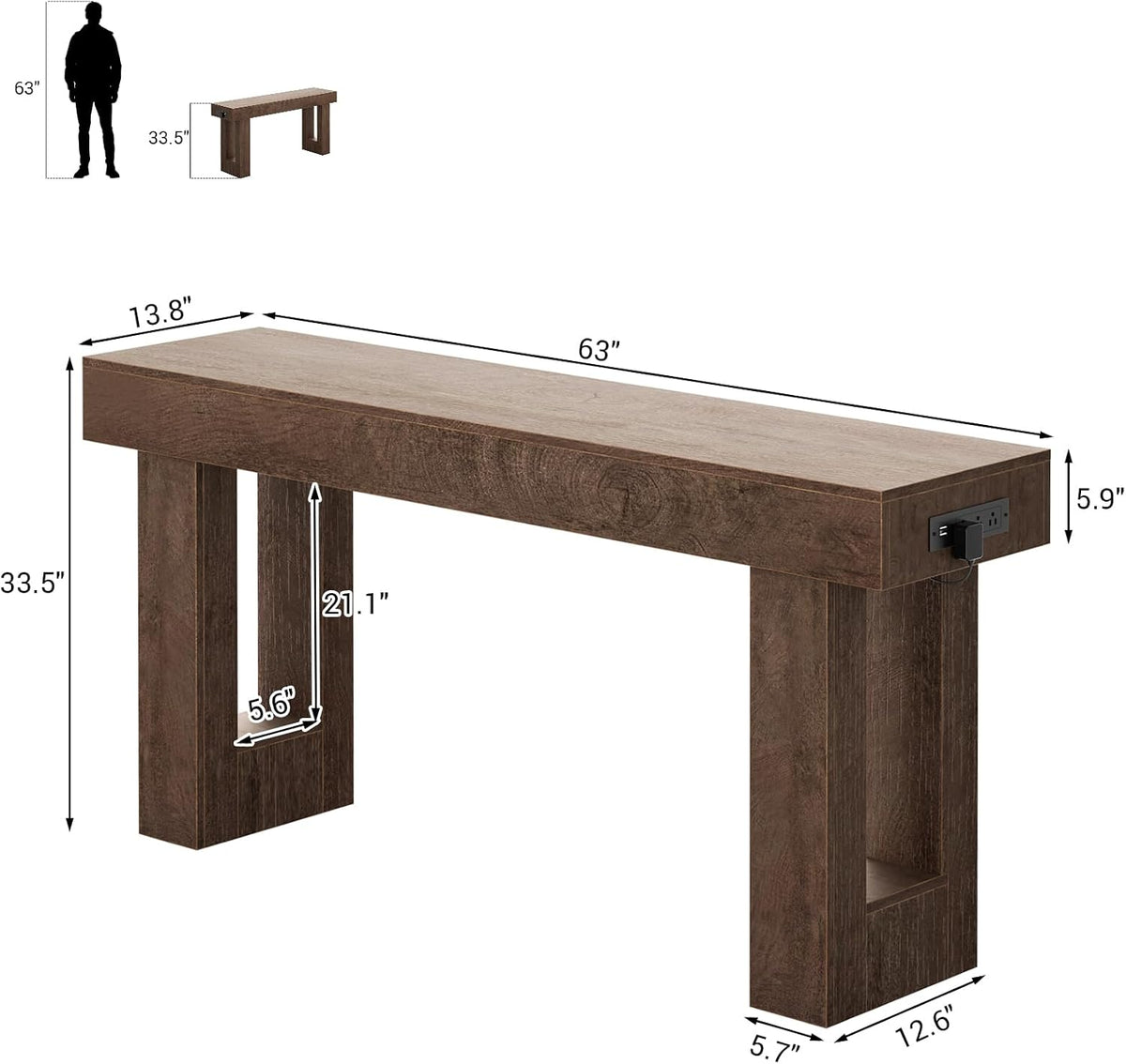 Unikito 63" Console Table with Sensor Light & AC Outlets with USB-C Ports