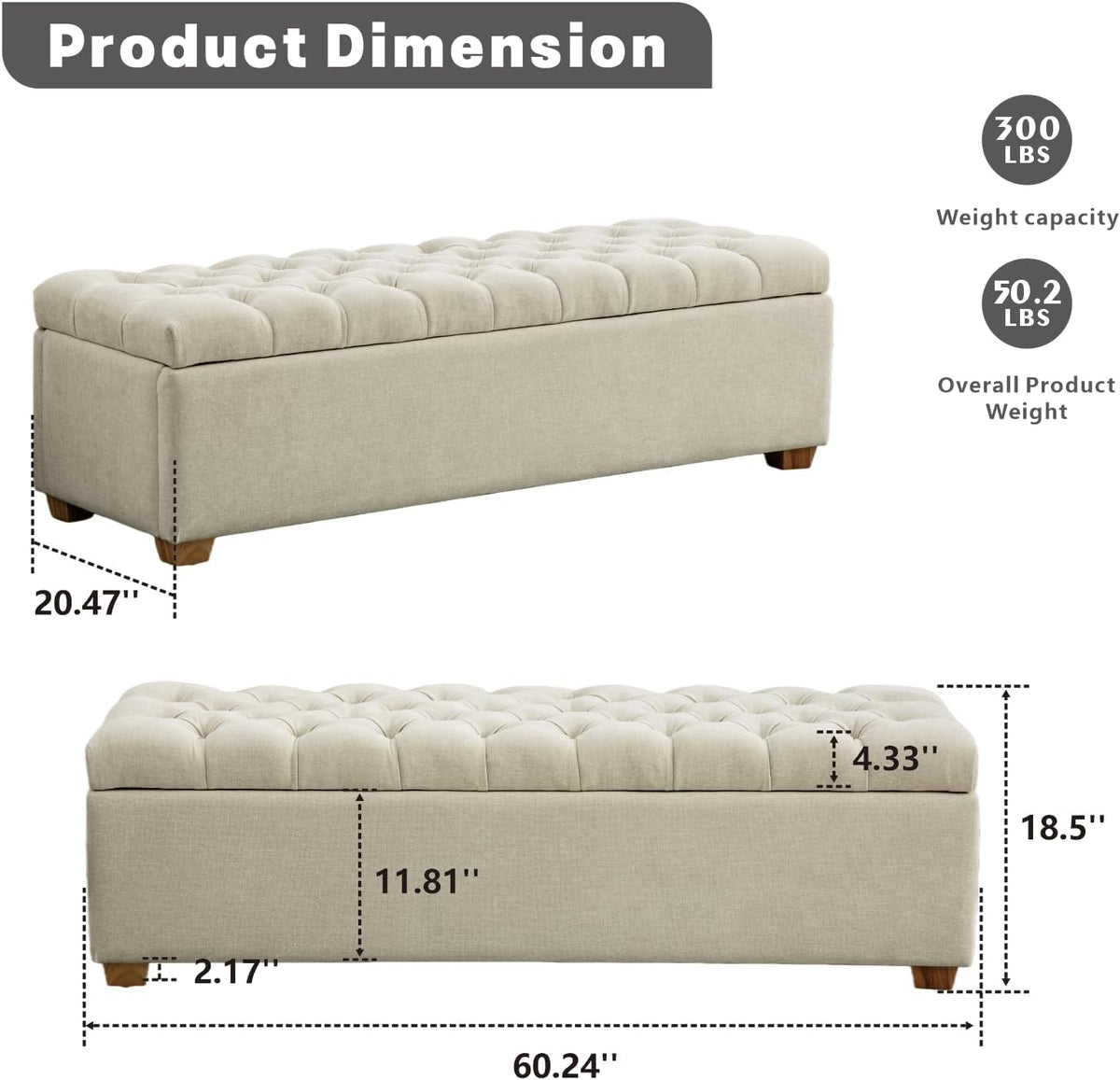 Chifee & Vingol 60" Ottoman with Storage Oversized End of Bed Storage Bench Upholstered Benches for Entryway, Living Room, Bedroom-Beige
