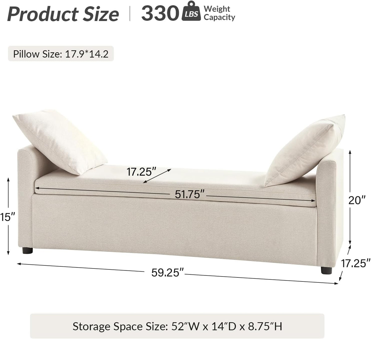 HULALA HOME 59" Storage Bench with 2 Throw Pillows & Armrests, Linen