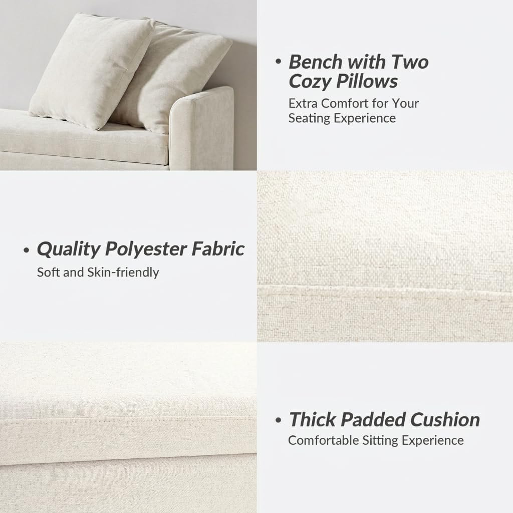 HULALA HOME 59" Storage Bench with 2 Throw Pillows & Armrests, Linen