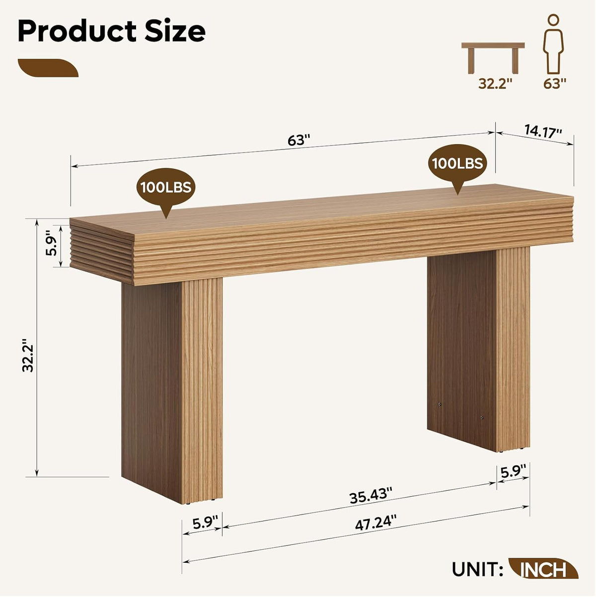Bestier 63” Entryway Table, Wood Fluted Console Table Behind Couch, Brown