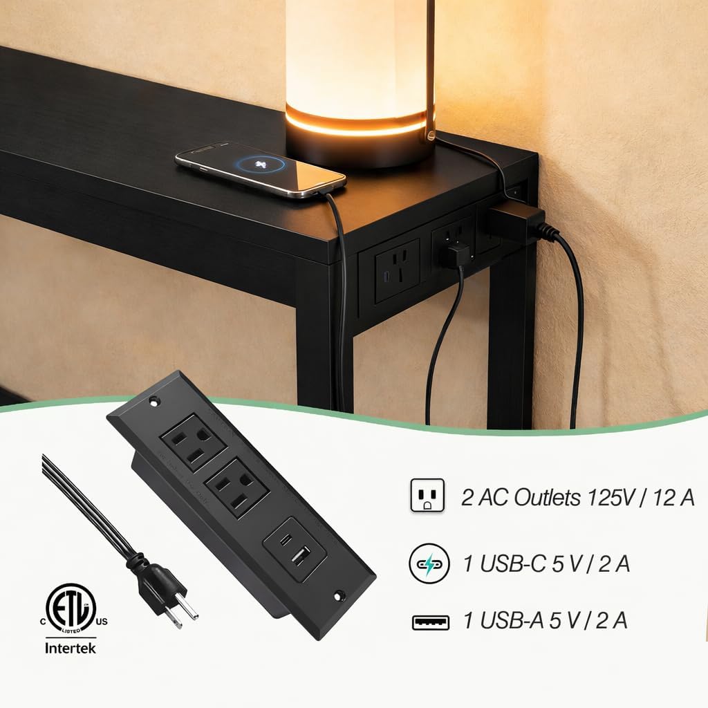 47" Entryway Table, Narrow Console Sofa Table, with Outlets and USB-C Port, Entryway Table with Open Storage, for Living Room, Hallway, Entryway, Foyer, Kitchen Counter, Black
