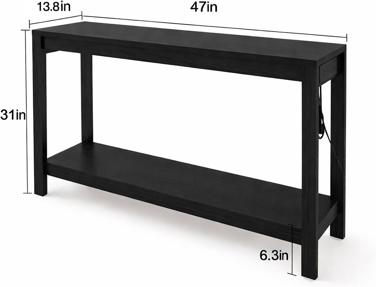 47" Entryway Table, Narrow Console Sofa Table, with Outlets and USB-C Port, Entryway Table with Open Storage, for Living Room, Hallway, Entryway, Foyer, Kitchen Counter, Black