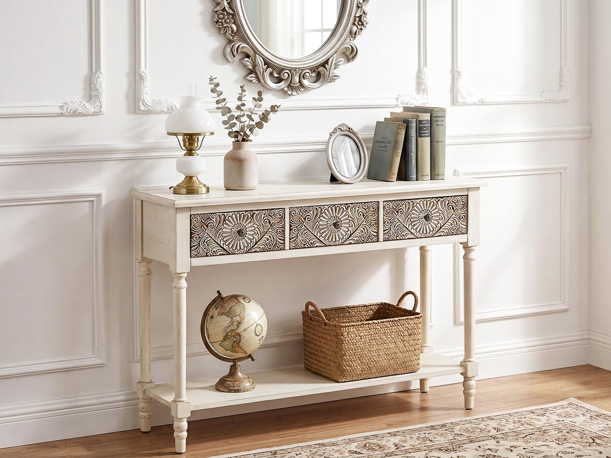 COSIEST Console Table with 2 Drawers, MDF Narrow Entryway Table with Storage Shelf, Wood Accent Sofa Table for Living Room, Entrance, Hallway, Couch, Light Grey