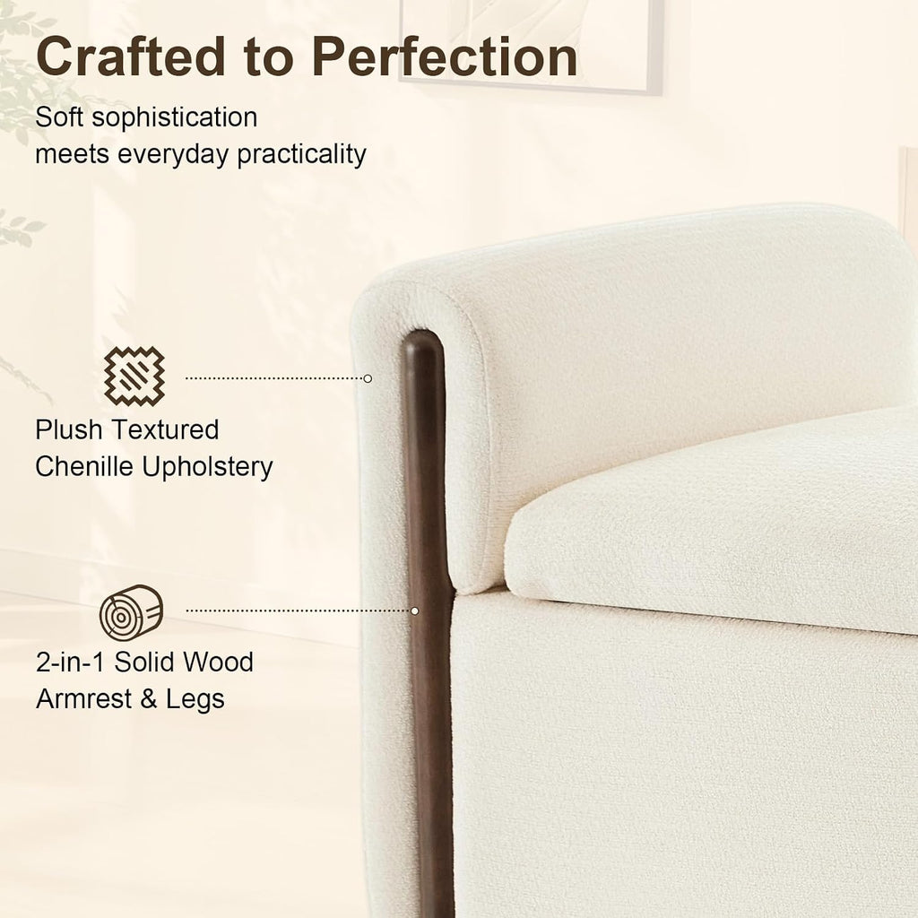 50.8 inch Storage Ottoman Bench with Armrests, Hidden Storage, Beige