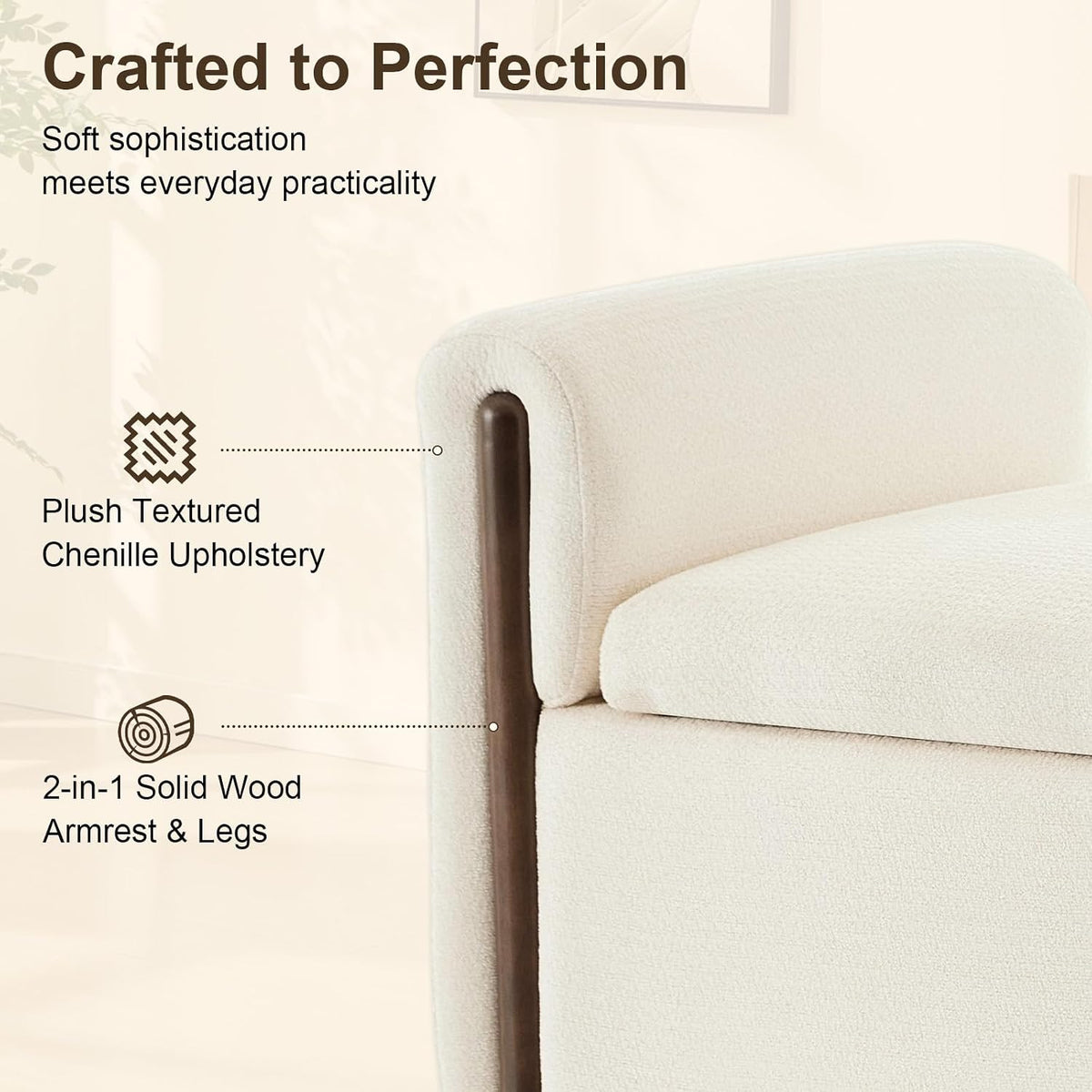 50.8 inch Storage Ottoman Bench with Armrests, Hidden Storage, Beige