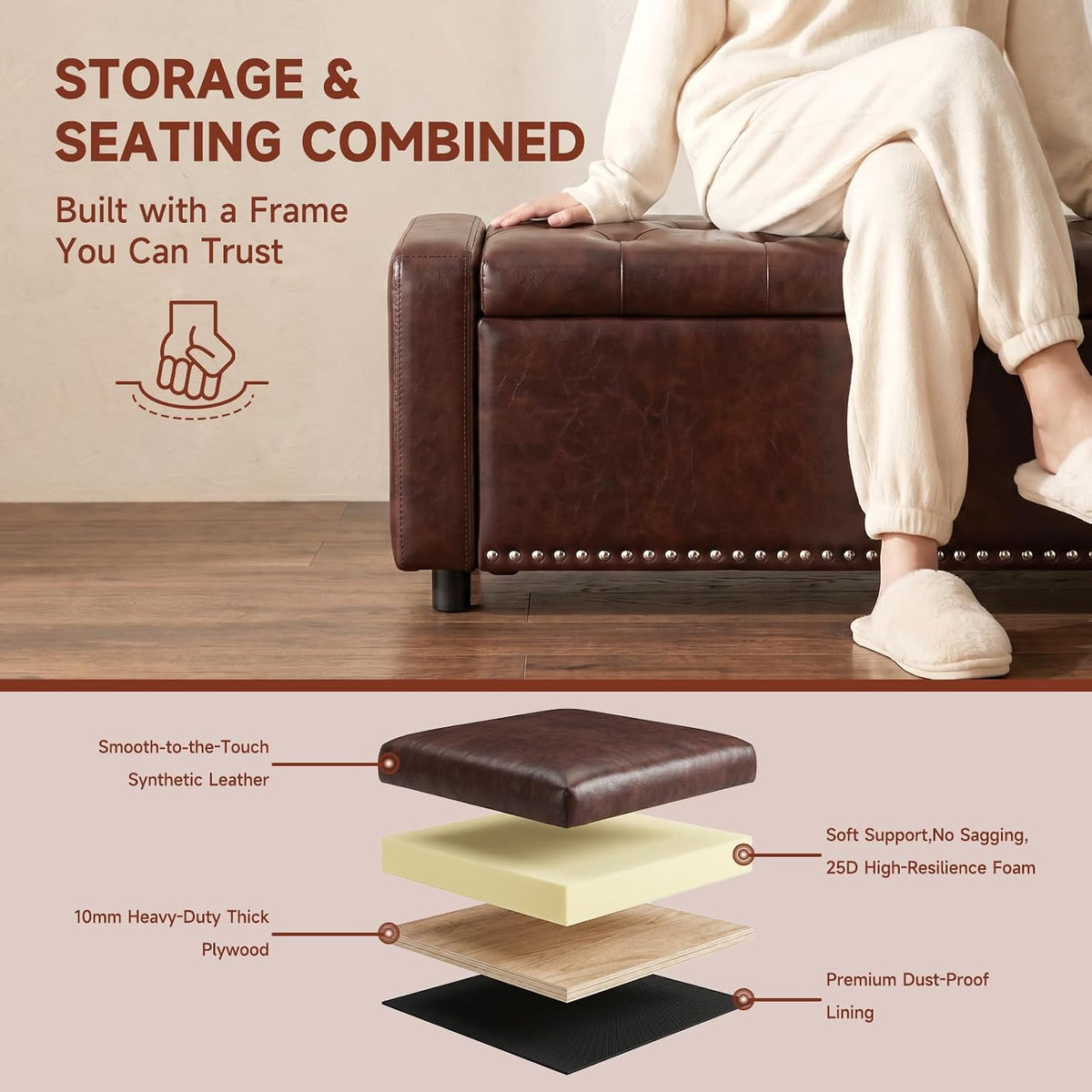 46" Storage Ottoman Bench, 30 Gallon Faux Leather Storage Bench with Handles & Soft-Close Hinged Lid for Blanket and Pillow, Load 350 lbs, End of Bed Bench for Bedroom, Entryway & Living Room, Brown