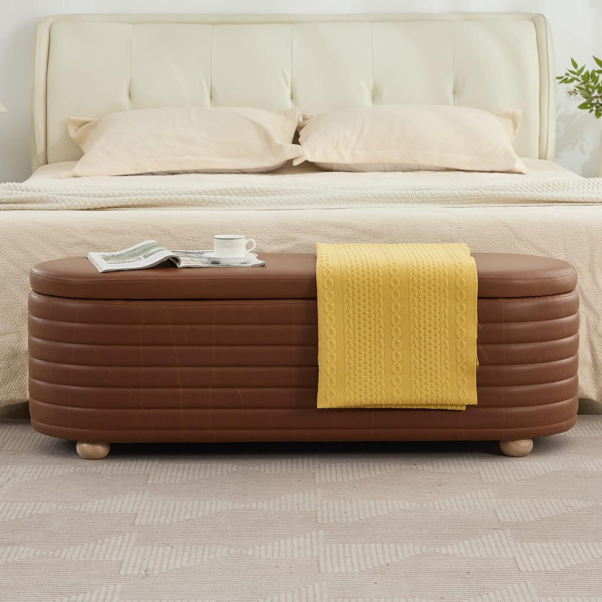 45.5" Storage Teddy Ottoman Bench Upholstered Fabric Bench Hidden Storage Chest with Slow-Close Safety Hinge for Bedroom, Living Room, Entryway, White