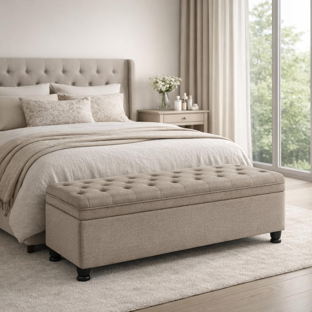 Storage Bench for Bedroom, 65.2'' Tufted End of Bed King Size Upholstered Extra-Long Bench with Dual Flip-Top Lids for Entryway, Hallway, Cloakroom, Window, Griege.