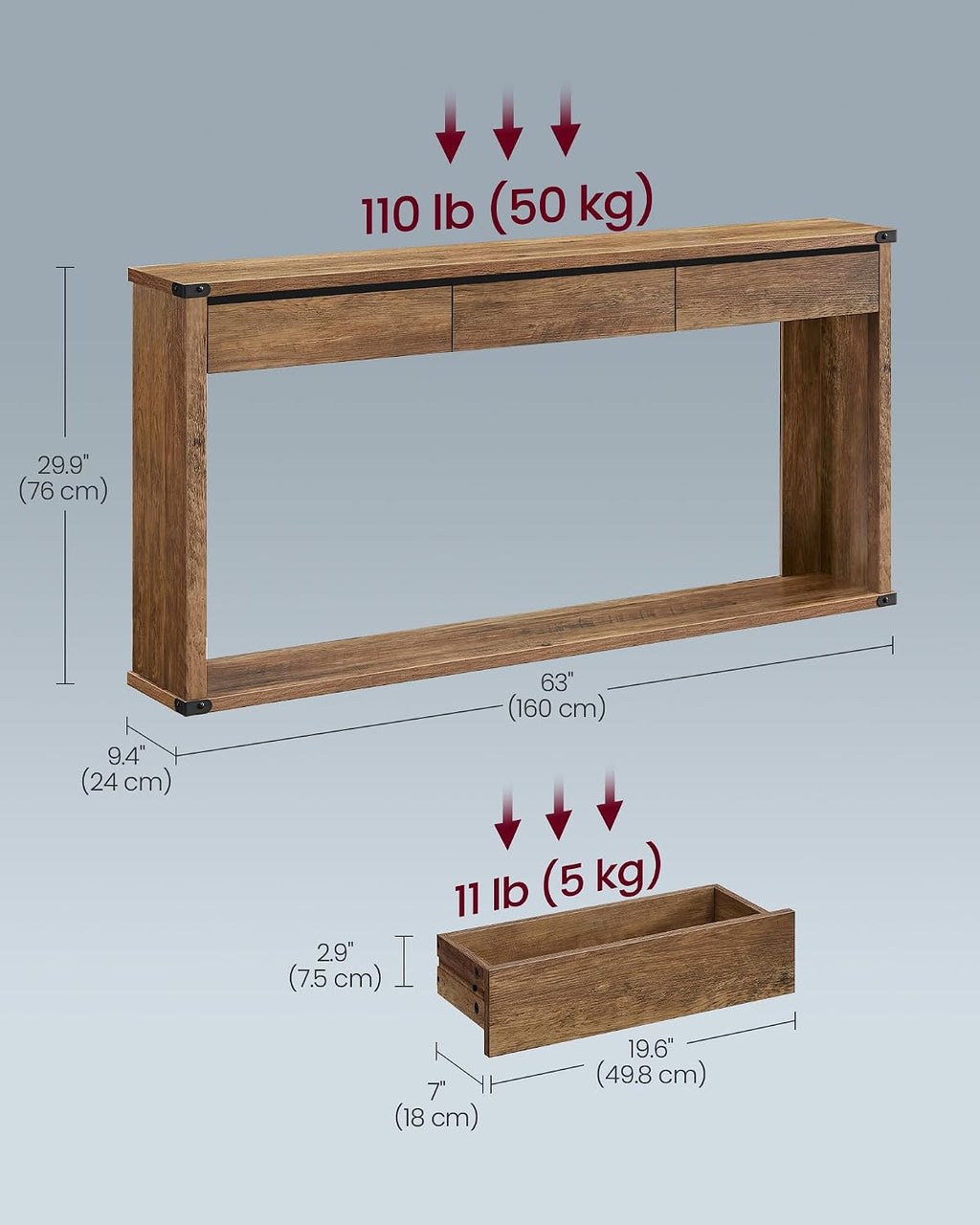 VASAGLE 63" Console Table with 3 Drawers, Entryway Table, Bottom Shelf