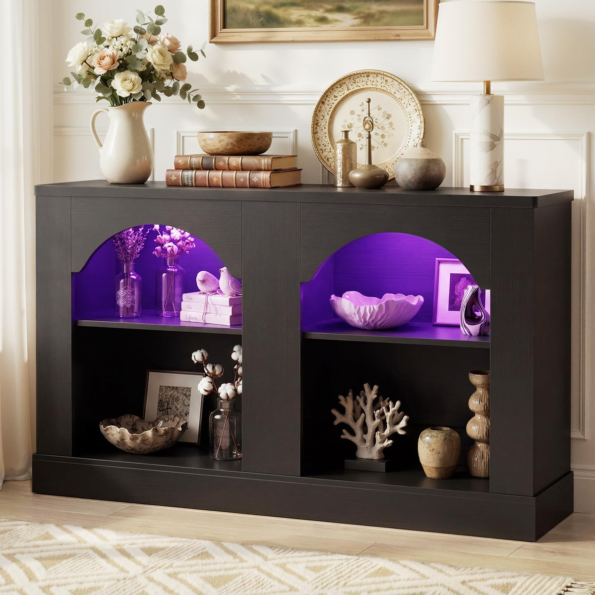 Unikito 47" Console Sofa Table with Power Outlet & LED Light, Grey & Brown