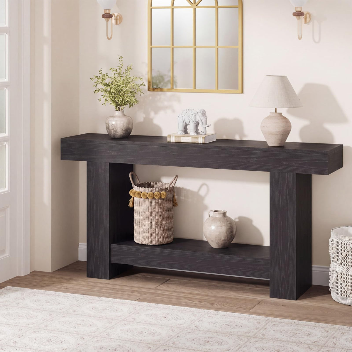 Garvee 47" Farmhouse 2-Tier Console Table for Entryway, Black