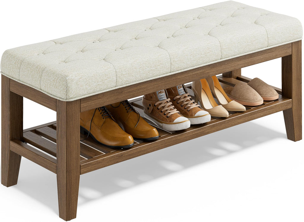 YaFiti End of Bed Storage Bench, 42.9" Entryway Shoe Bench with Solid Wood Shelf, Upholstered Ottoman with Padded Seat for Bedroom, Hallway and Lining Room, Dark Gray