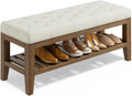YaFiti End of Bed Storage Bench, 42.9" Entryway Shoe Bench with Solid Wood Shelf, Upholstered Ottoman with Padded Seat for Bedroom, Hallway and Lining Room, Dark Gray