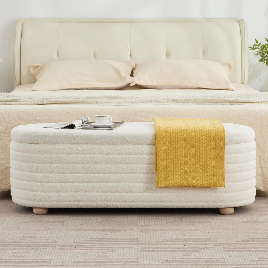 45.5" Storage Teddy Ottoman Bench Upholstered Fabric Bench Hidden Storage Chest with Slow-Close Safety Hinge for Bedroom, Living Room, Entryway, White