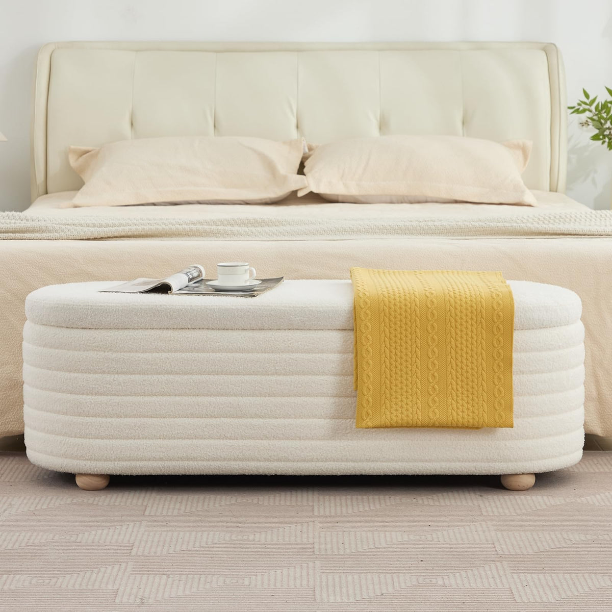 45.5" Storage Teddy Ottoman Bench Upholstered Fabric Bench Hidden Storage Chest with Slow-Close Safety Hinge for Bedroom, Living Room, Entryway, White