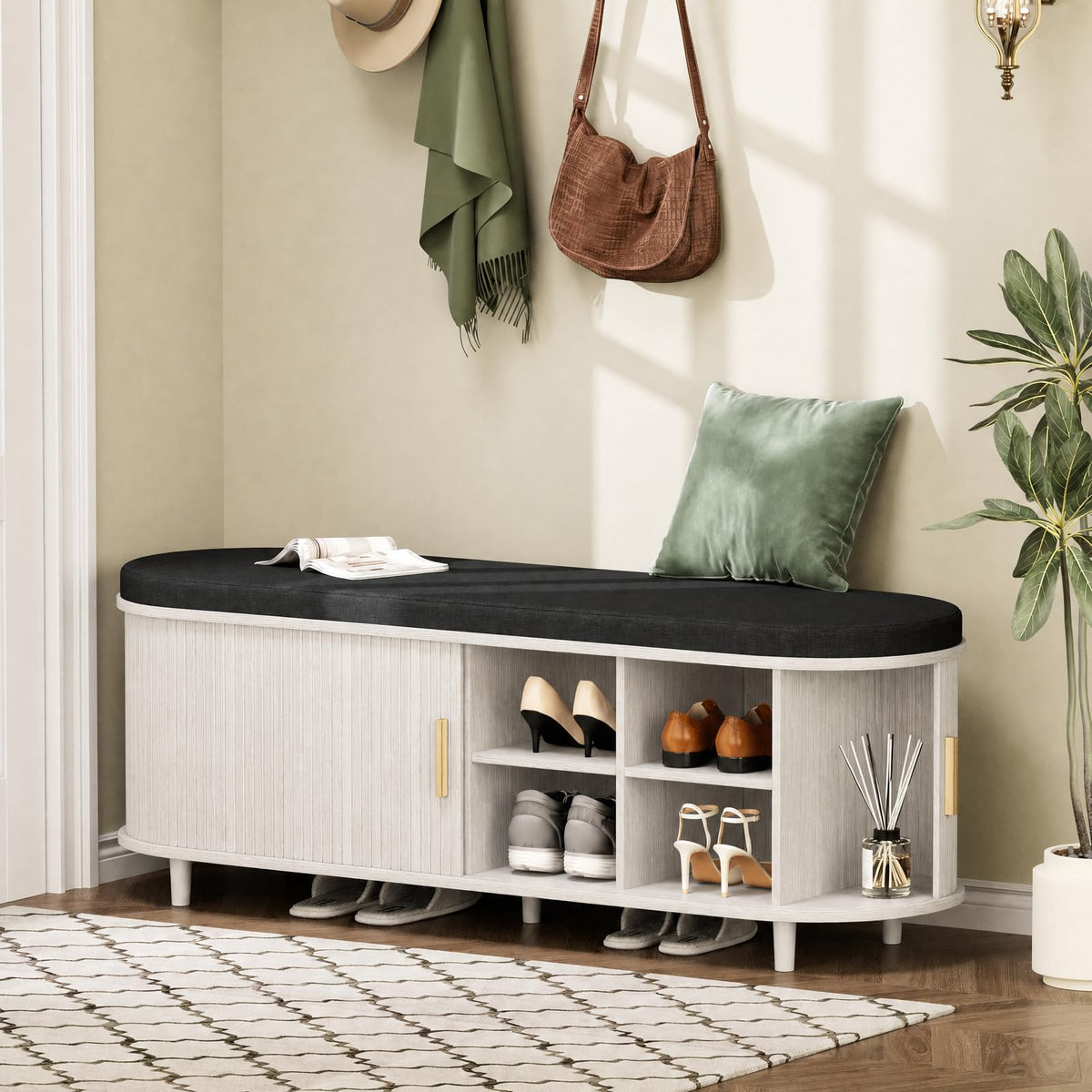 DHH 2-Tier Storage Bench,Wide Shoe Bench with Thickened Padded Seat Cushion, Mid Century Modern Fluted Sliding Door and Adjustable Shelf, for Entryway, Living Room, Bedroom (Walnut, 43.3“)