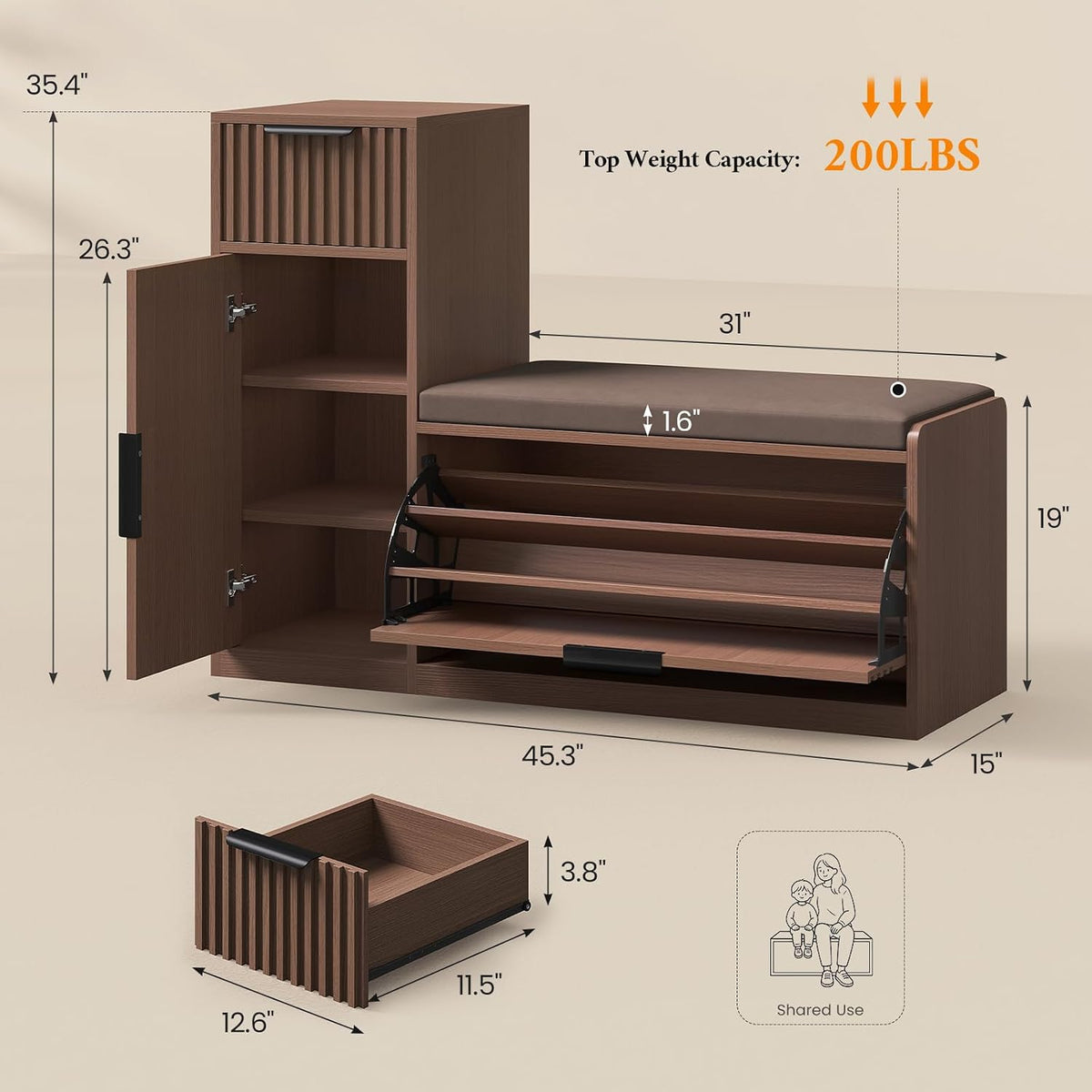45.3" L-Shaped Storage Bench, Entryway Bench with Shoe Storage and Cushion, 3-Level Adjustable Shelves Flip Drawer & Side Cabinet with Fluted Panels for Hallway, Mudroom, Living Room, Walnut