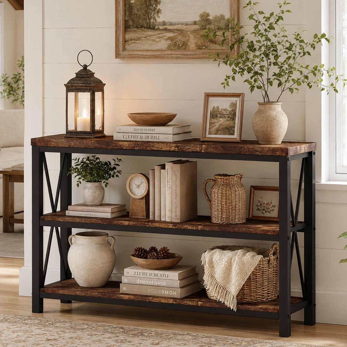 BON AUGURE 47” Narrow Console Table, 3 Tier Sofa Table Behind Couch, Rustic