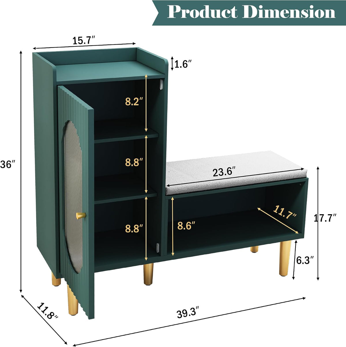 HLR Shoe Storage Bench with Glass Door&Shelf, L-Shaped Shoe Cabinet, Green
