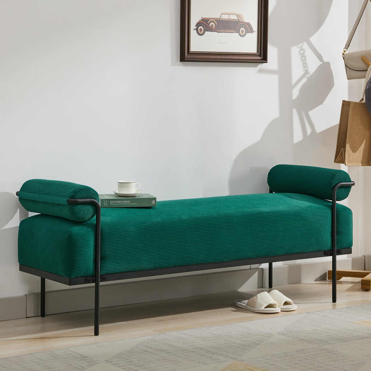 SOFTHION 61.2" End of Bed Bench, Chenille Upholstered Entryway Bench, Beige