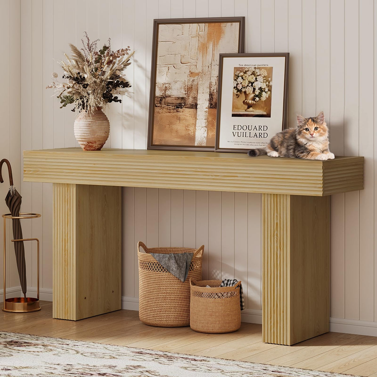 Bestier 63” Entryway Table, Wood Fluted Console Table Behind Couch, Brown