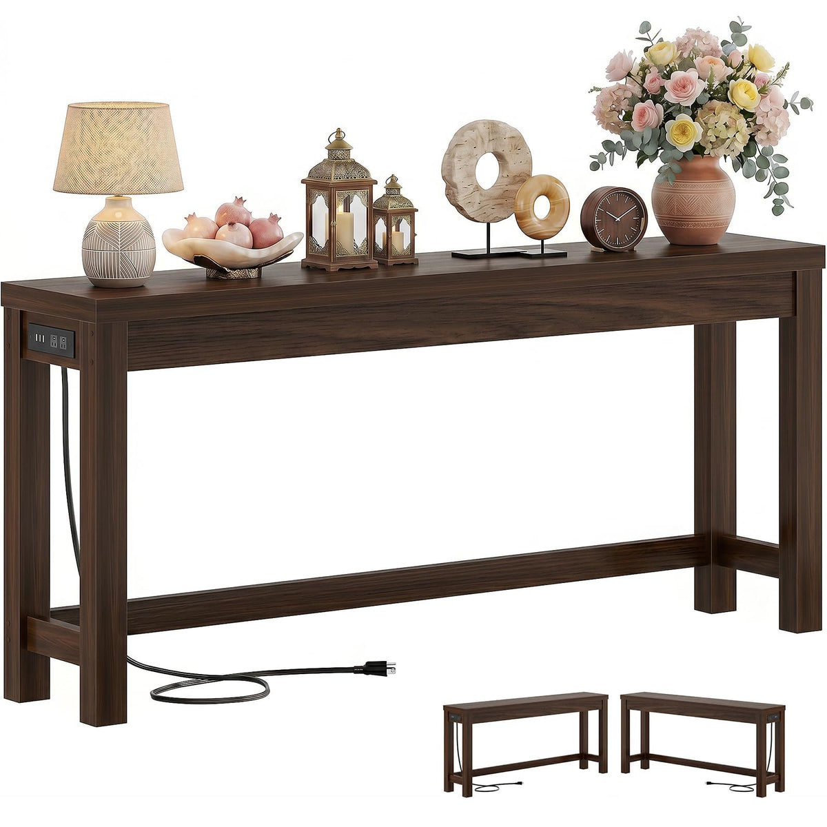 Cyclysio 63" Console Table with 2 AC Outlets & 3 USB Ports, Natural Oak